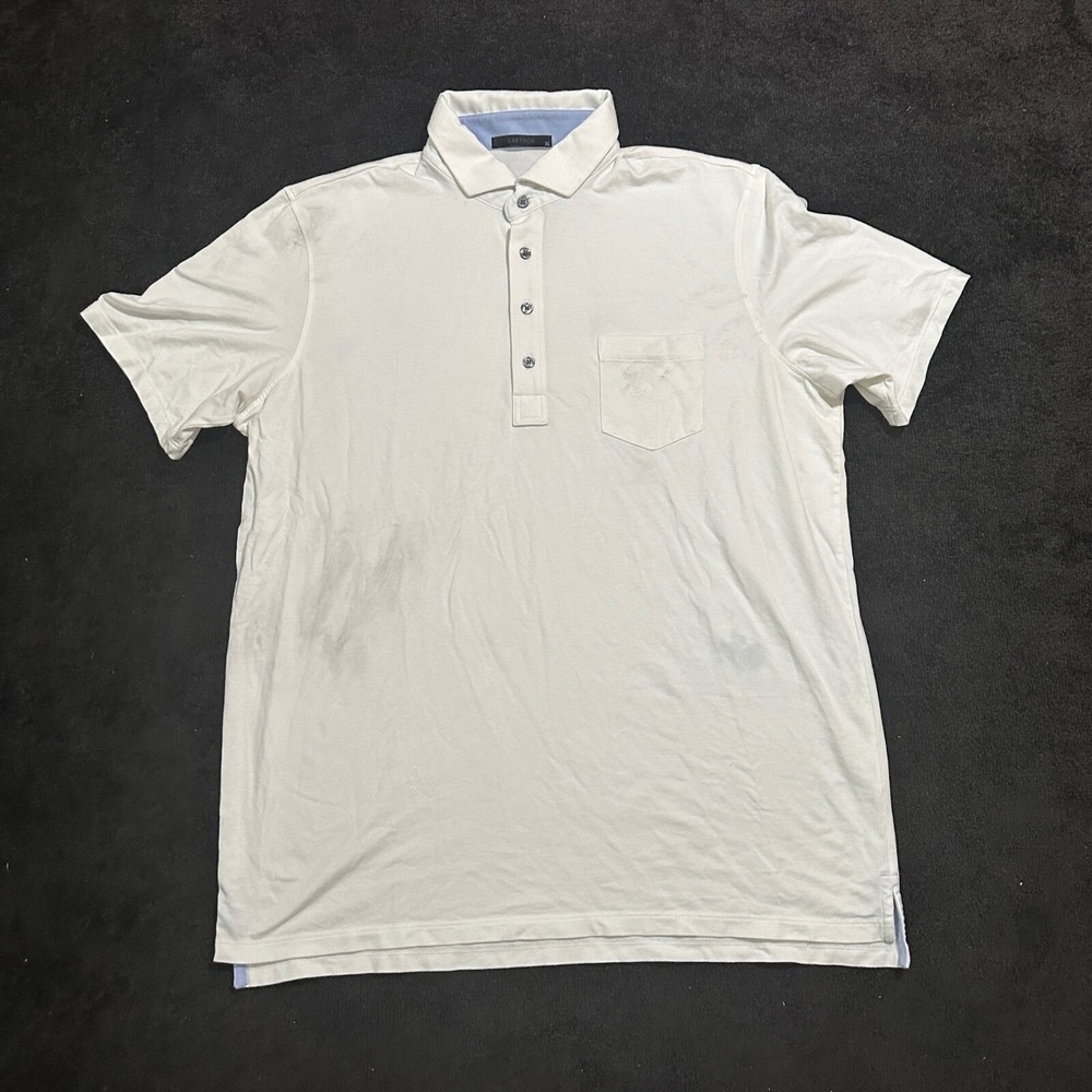 Greyson‎ Polo Shirt Mens Extra Large White Blue Trim Pocket Golf Wolf Logo XL
